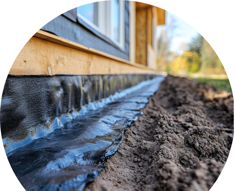 Anchor Home Comfort waterproofing completed by Knight, with a membrane sealing the lower foundation wall and a trench prepared for drainage installation.