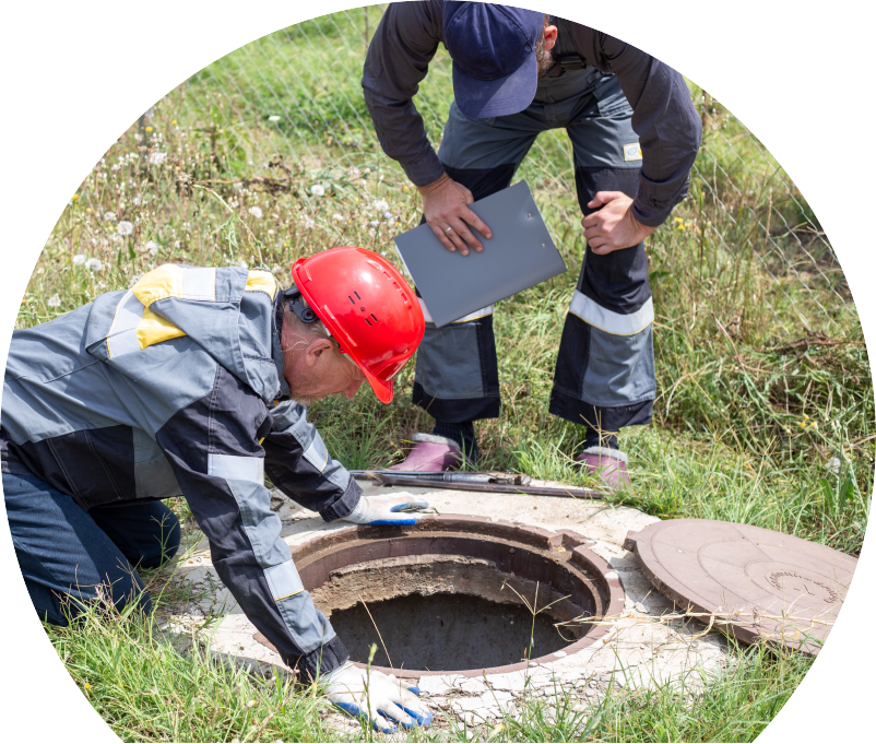 Anchor Home Comfort sewer crew inspecting an open manhole in a grassy field, with one member documenting findings on a clipboard. Anchor Home Comfort sewer crew inspecting an open manhole in a grassy field, with one member documenting findings on a clipboard.