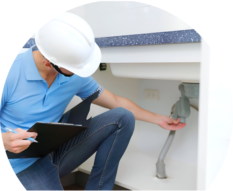 Anchor Home Comfort plumbing specialist wearing a white hard hat, blue polo, and jeans, holding a clipboard while inspecting pipes under a sink for a water leak detection check. Anchor Home Comfort plumbing specialist wearing a white hard hat, blue polo, and jeans, holding a clipboard while inspecting pipes under a sink for a water leak detection check.